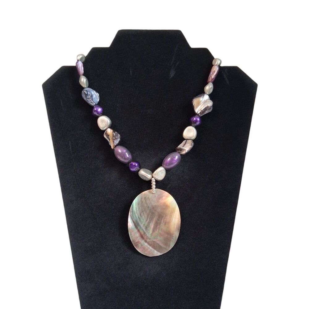 Purple Silver Tone Assorted Beads Oval Shaped Abalone Pendant Statement Necklace